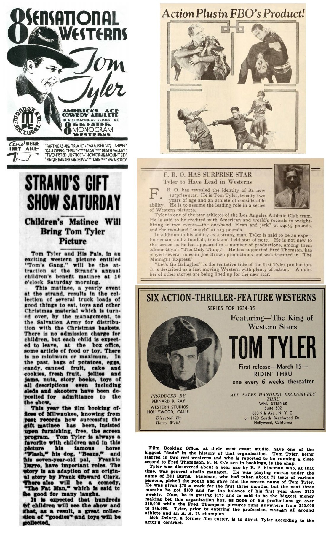Tom Tyler 8 sensational westerns, Action plus in FBO's product, FBO has surprise star, Strand's gift show Saturday