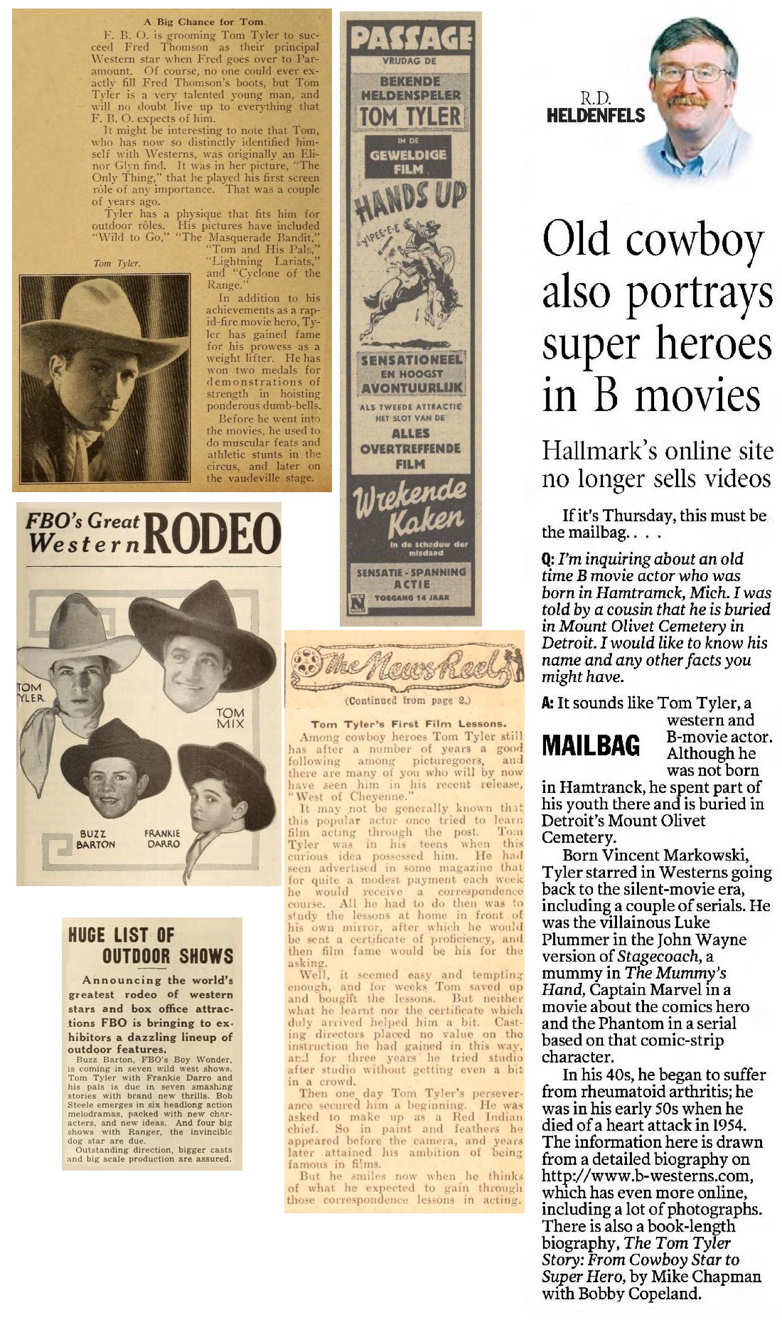 A big chance for Tom, Old cowboy also portrays superheros, FBO's great western rodeo, Tom Tyler's first film lesson