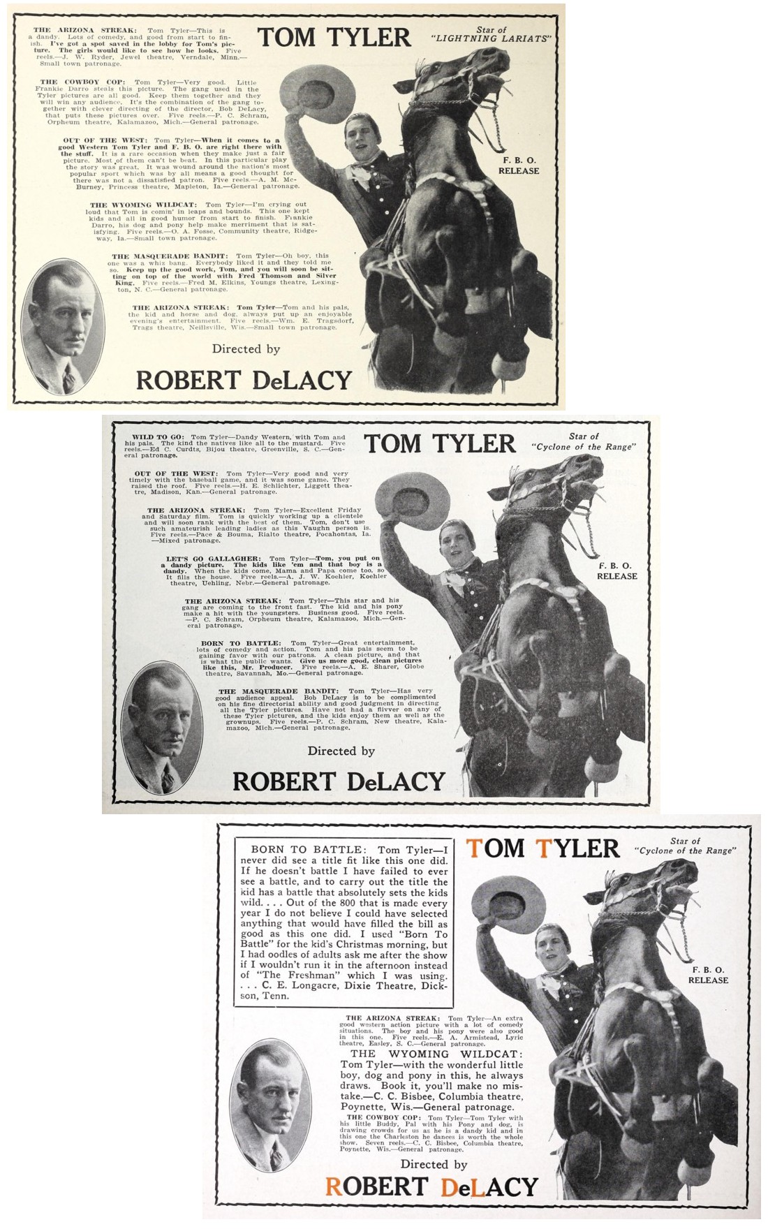 Exhibitor's Herald 1926 to 1927 film praise for Tom Tyler