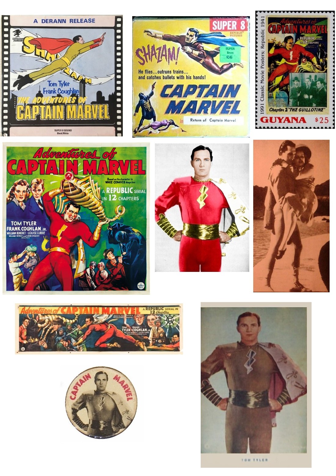Adventures of Captain Marvel Super8, Guyana stamp, button, six sheet poster, banner