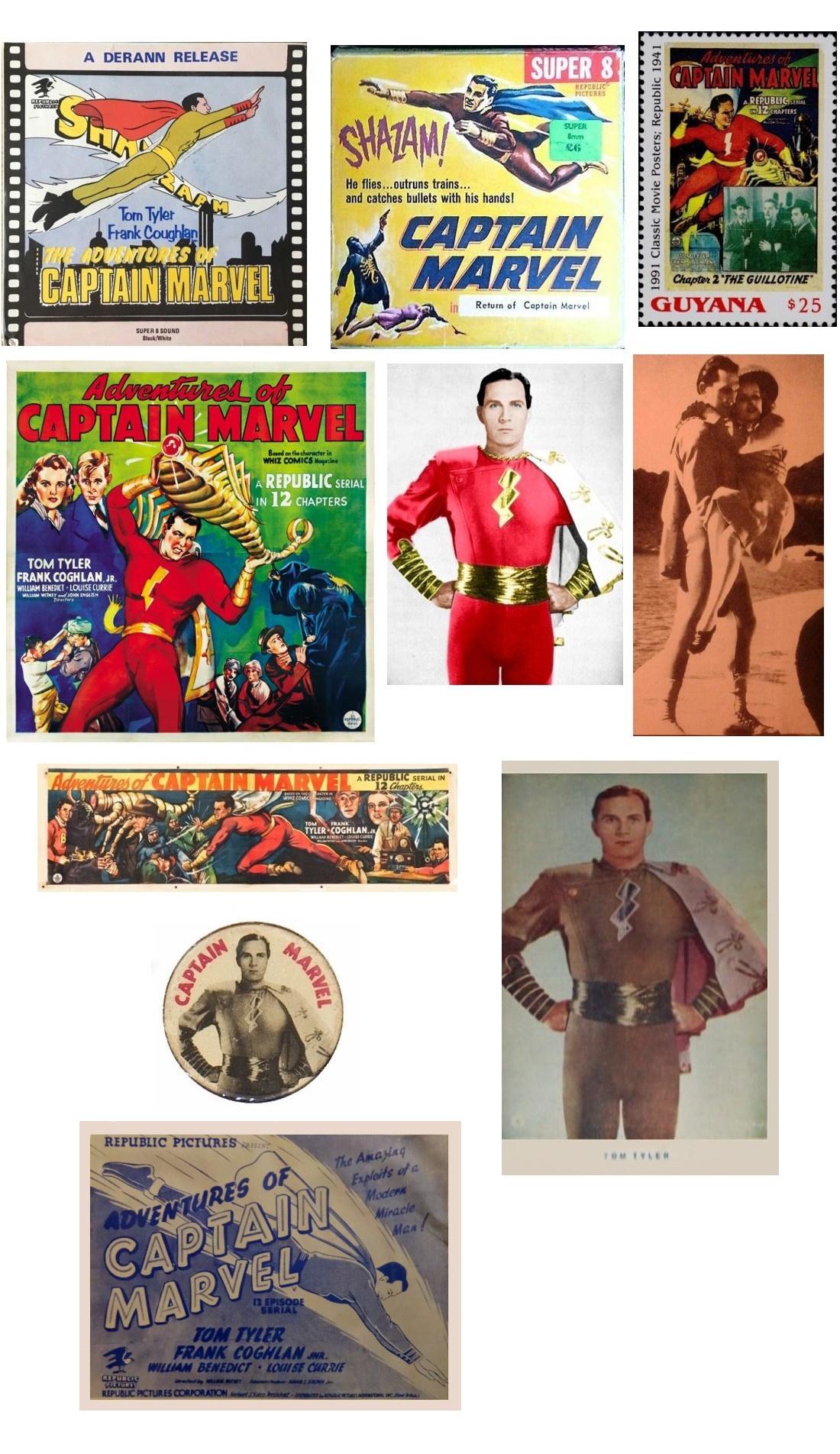 Adventures of Captain Marvel Super8, Guyana stamp, button, six sheet poster, banner