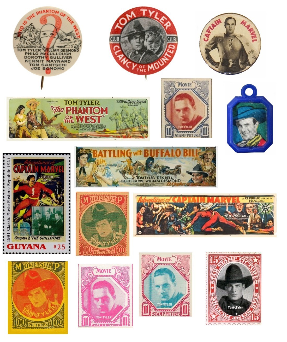 Tom Tyler buttons banners charm and stamps