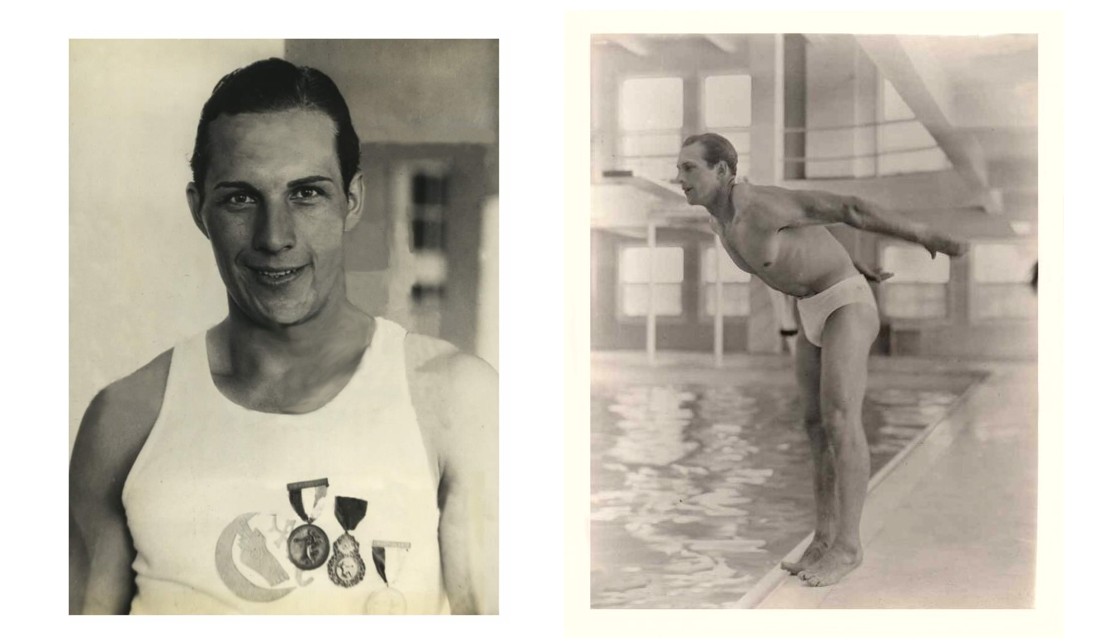Tom Tyler in swimsuit at athletic club, shirt wearing medals