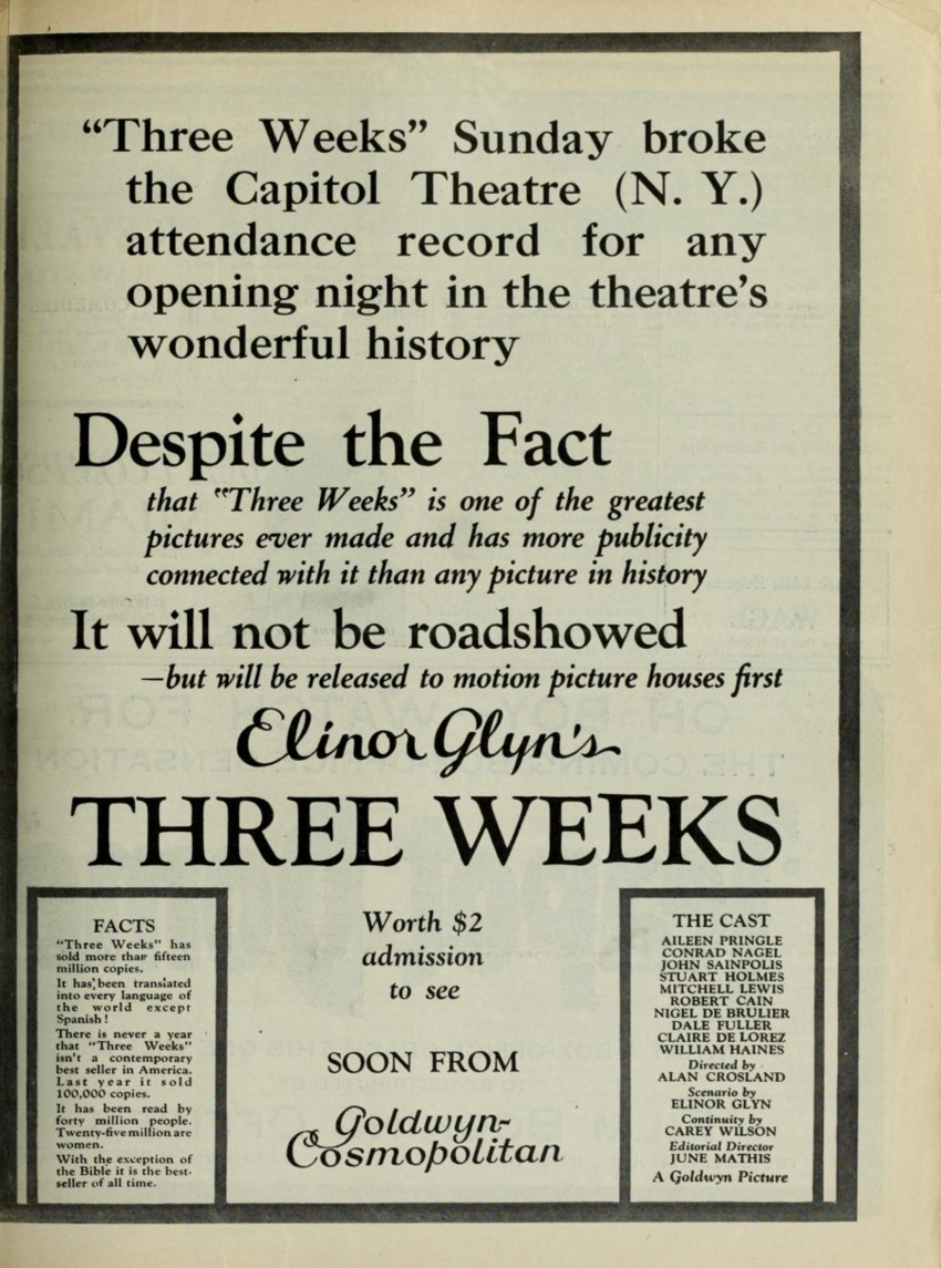 Three Weeks one page ad